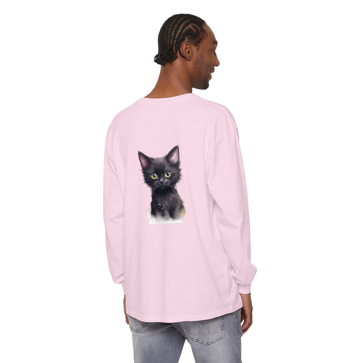 A charming black kitten with vibrant green eyes adorns this cute T-shirt