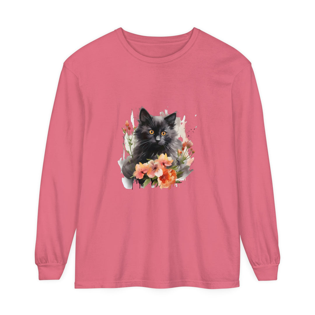 Black Cat & Flowers Watercolor T-Shirt featuring a beautiful watercolor design of a black cat surrounded by vibrant flowers