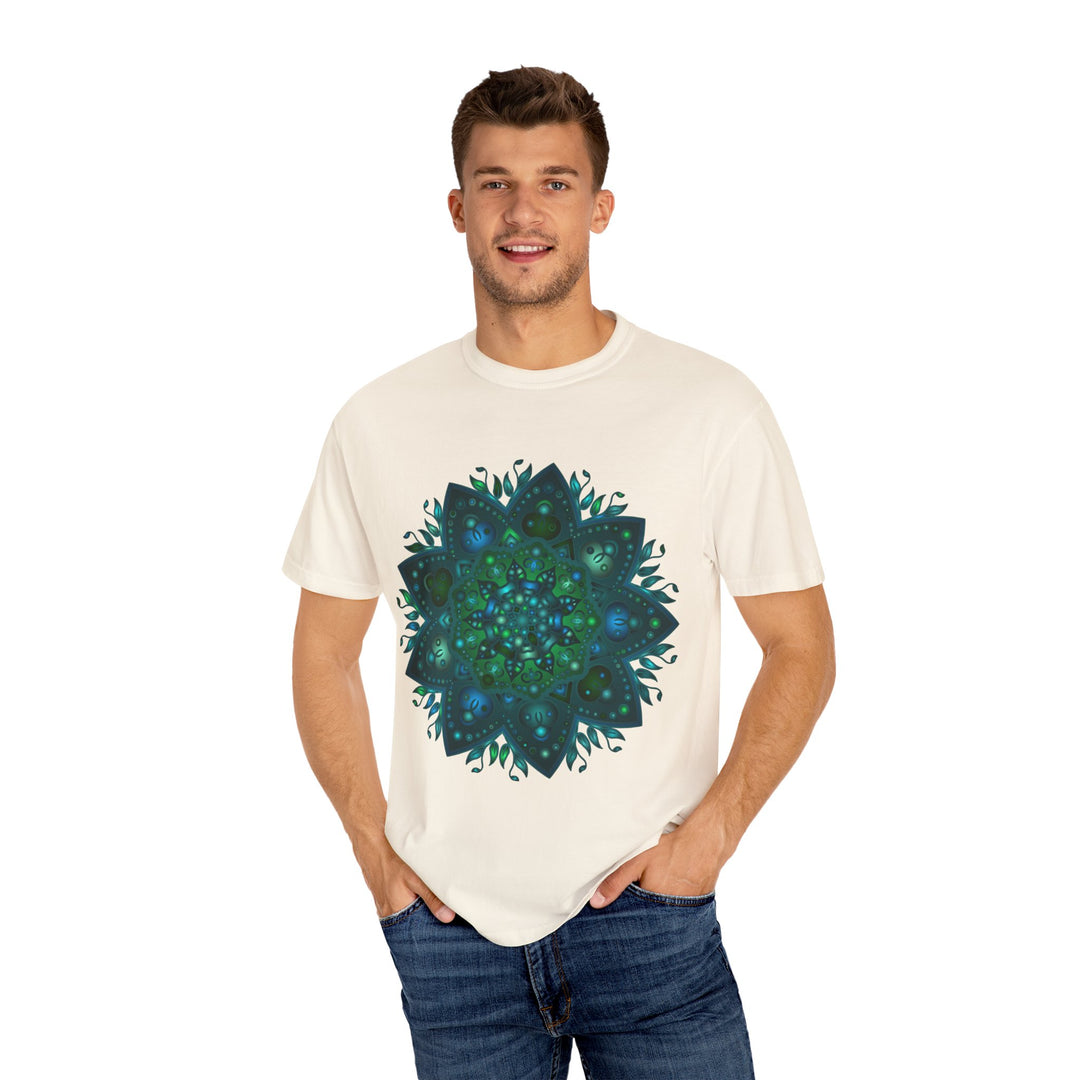 Close-up of a unisex hand-drawn intricate mandala design on a t-shirt