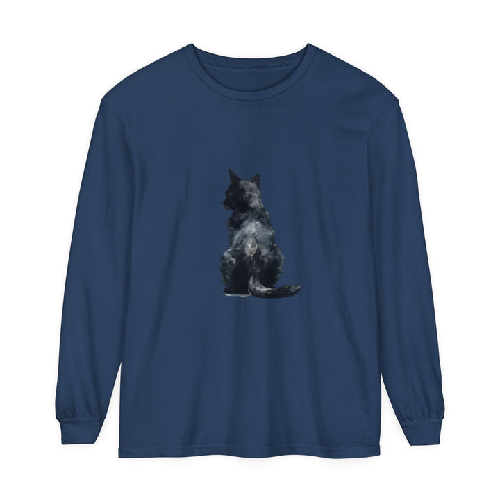 Black Cat Watercolor Long Sleeve T-Shirt with vibrant and detailed feline artwork