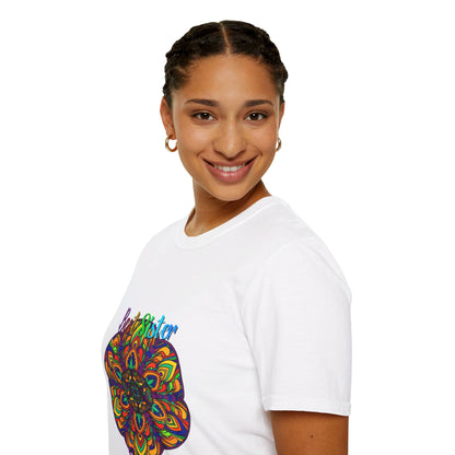 Softstyle t-shirt with hand-drawn mandala art design, perfect unisex gift for sister