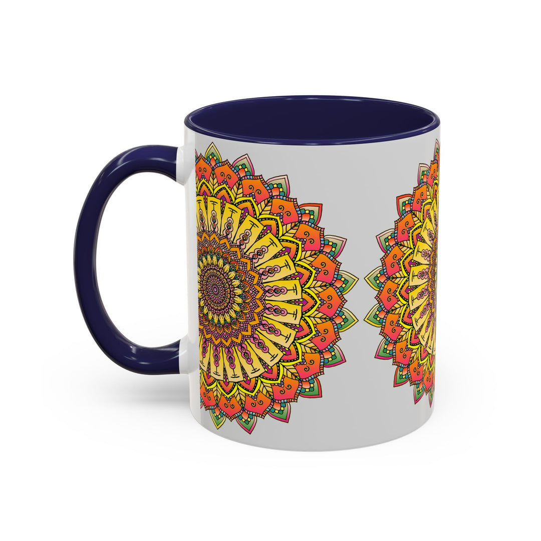 Grey coffee mug with beautiful and colorful mandala design