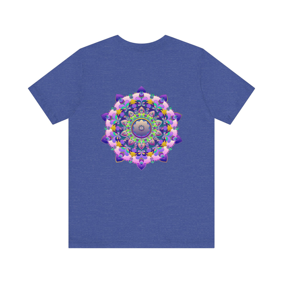 A close-up photo of a vibrant mandala t-shirt featuring intricate spiritual patterns and colors that evoke feelings of peace and harmony