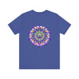 A close-up photo of a vibrant mandala t-shirt featuring intricate spiritual patterns and colors that evoke feelings of peace and harmony