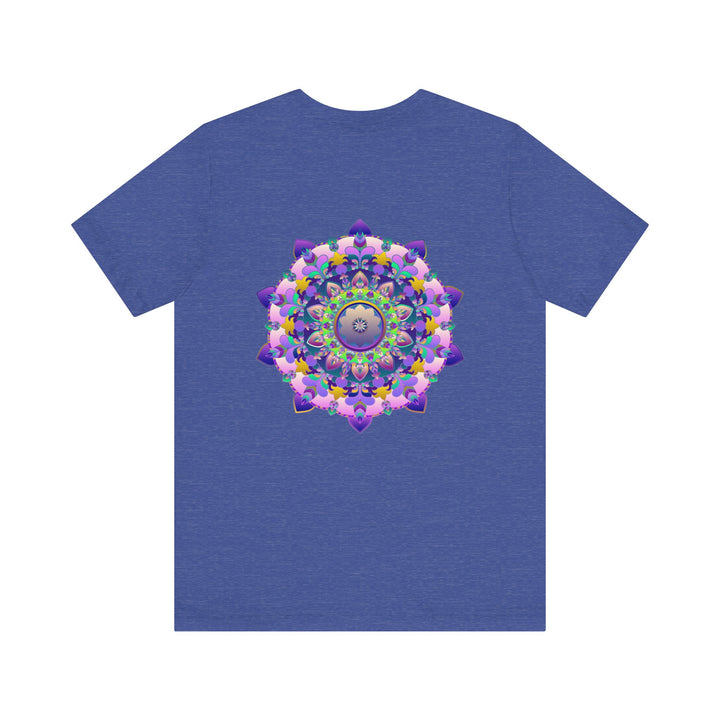 A close-up photo of a vibrant mandala t-shirt featuring intricate spiritual patterns and colors that evoke feelings of peace and harmony