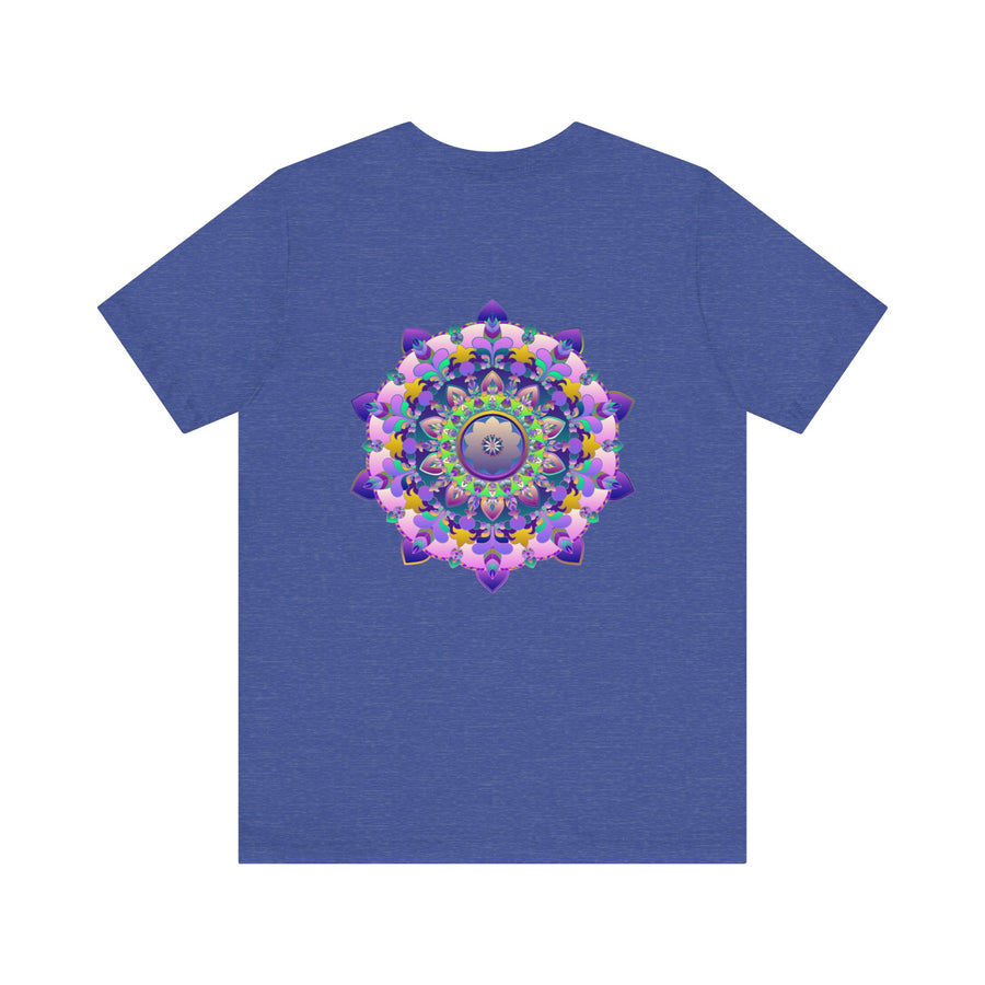 A close-up photo of a vibrant mandala t-shirt featuring intricate spiritual patterns and colors that evoke feelings of peace and harmony