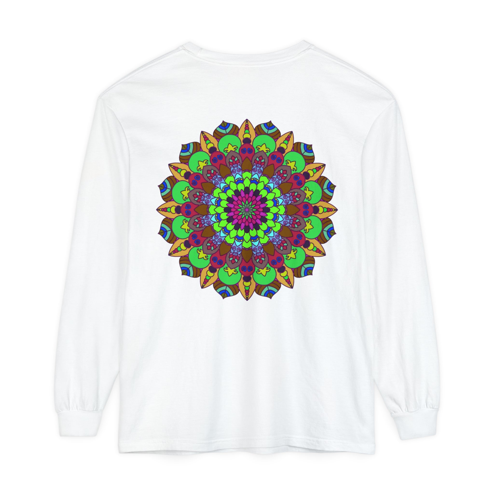 Colorful Mandala Unisex Long Sleeve T-Shirt with intricate, vibrant design and comfortable fit