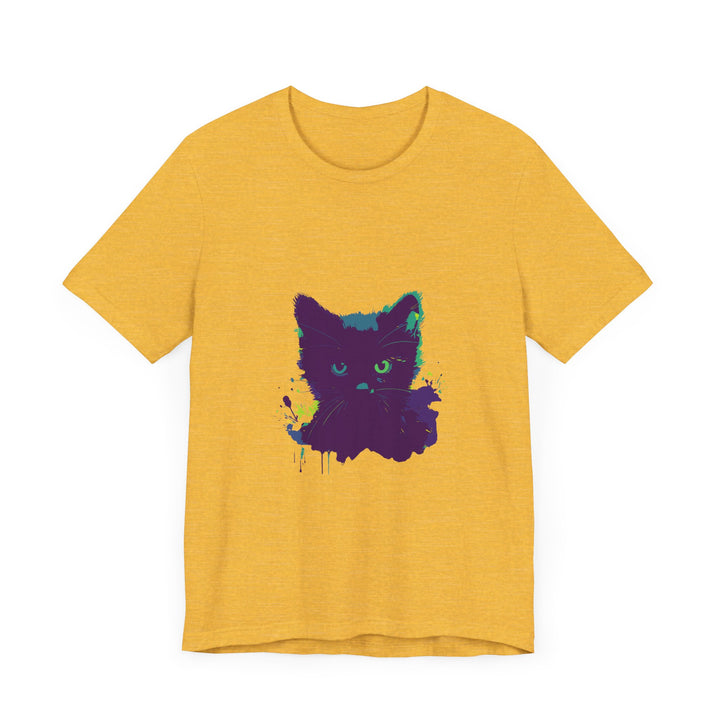 A close-up image of a Black Cat Mystery Watercolor T-Shirt, featuring a colorful watercolor design of a mysterious black cat against a black background