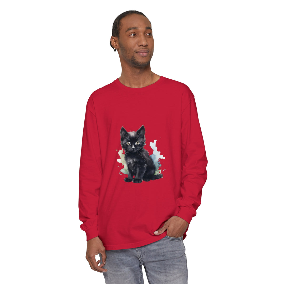 Black Kitten Watercolor Long Sleeve T-Shirt with cute watercolor kitten design