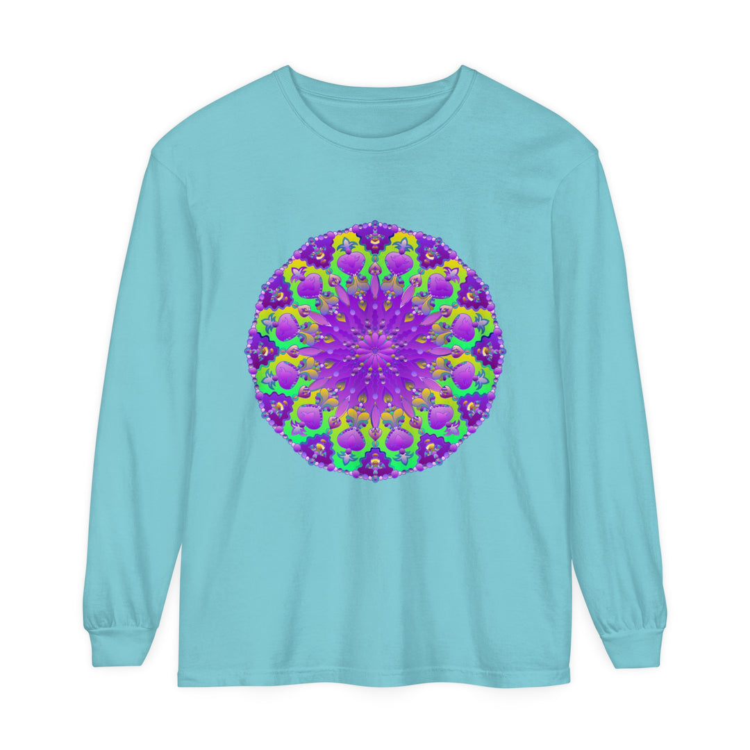 Vibrant purple and green mandala design long sleeve t-shirt for women