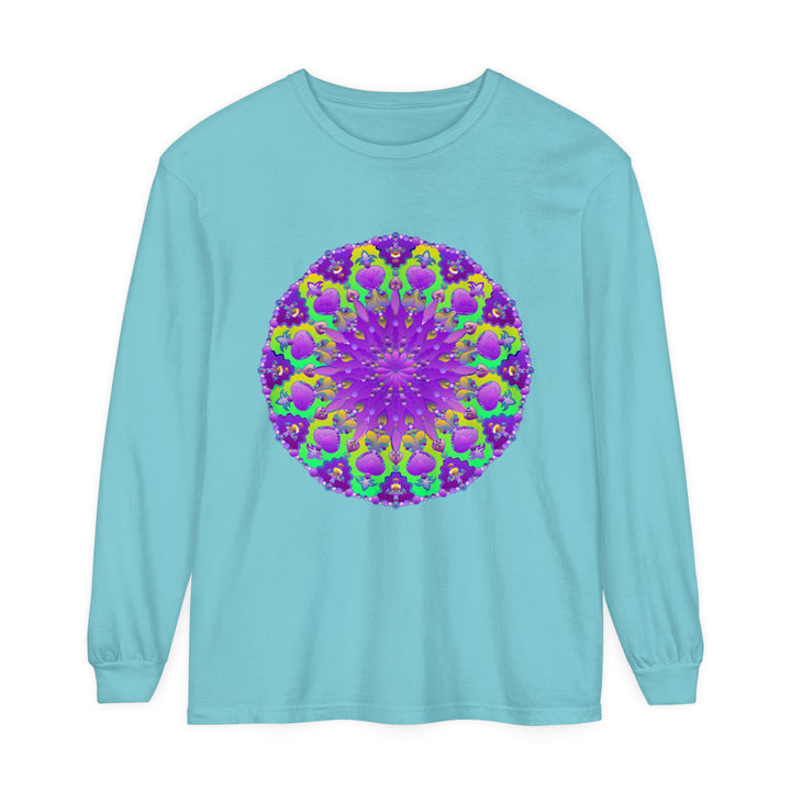 Vibrant purple and green mandala design long sleeve t-shirt for women