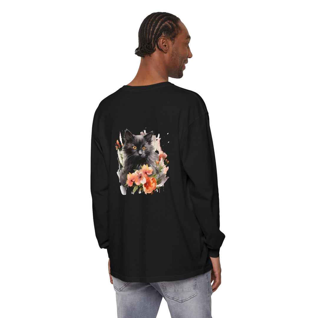 Beautiful watercolor t-shirt featuring a black cat surrounded by colorful flowers