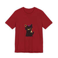 A fun and stylish t-shirt featuring a neon black cat mystery design
