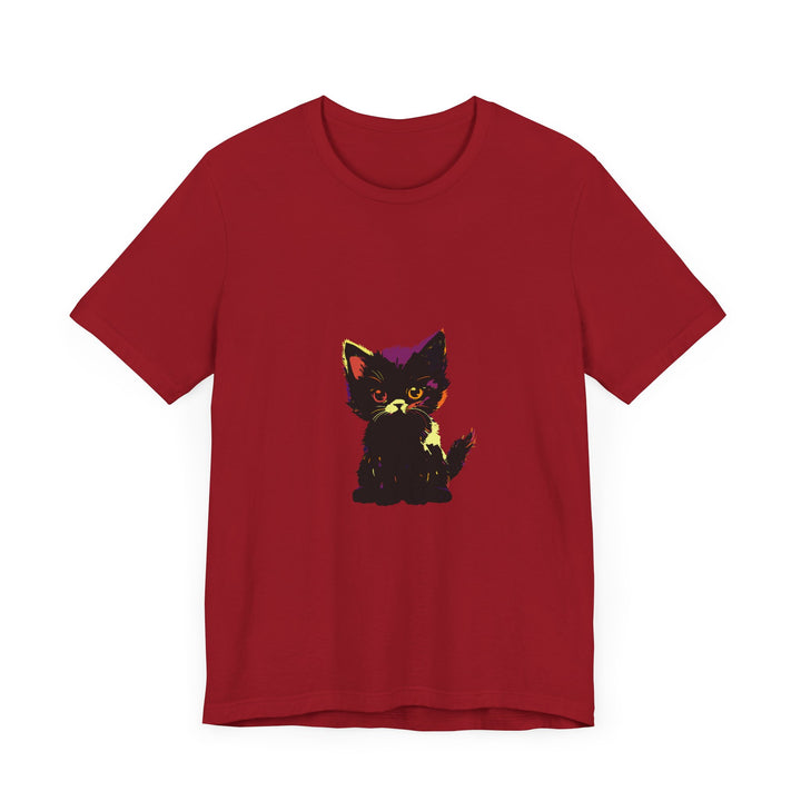 A fun and stylish t-shirt featuring a neon black cat mystery design