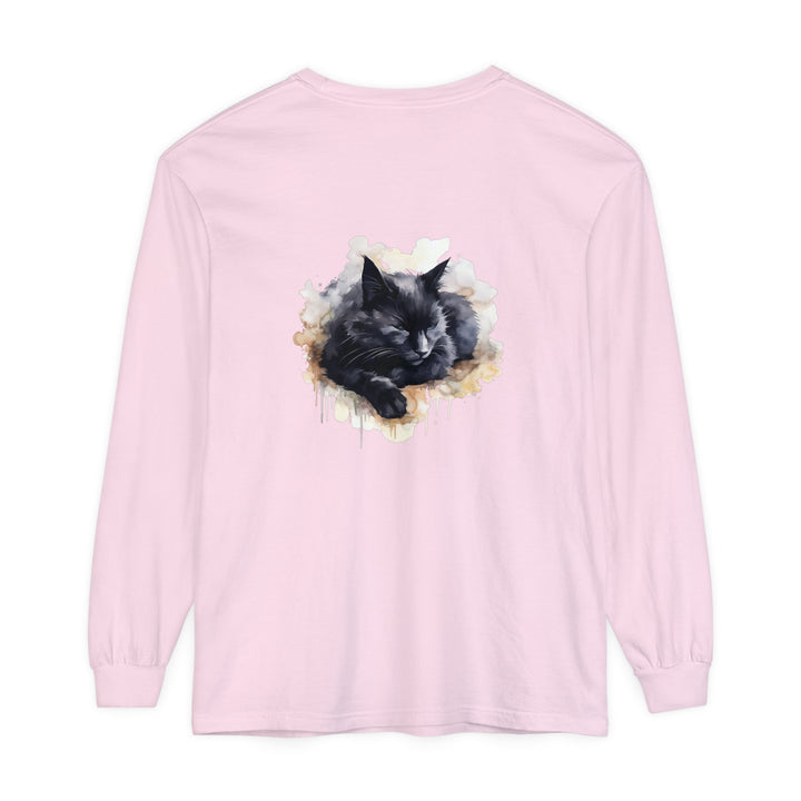 A beautifully illustrated watercolor t-shirt featuring a sleeping black cat design