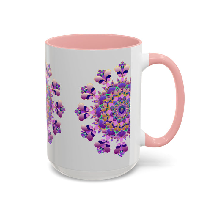 A beautiful purple and pink floral mandala design adorns this ceramic mug