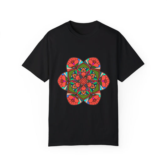 Unisex Mandala T-Shirt showcasing intricate hand-drawn mandala art, made with 100% ring-spun cotton and garment-dyed for maximum comfort and style