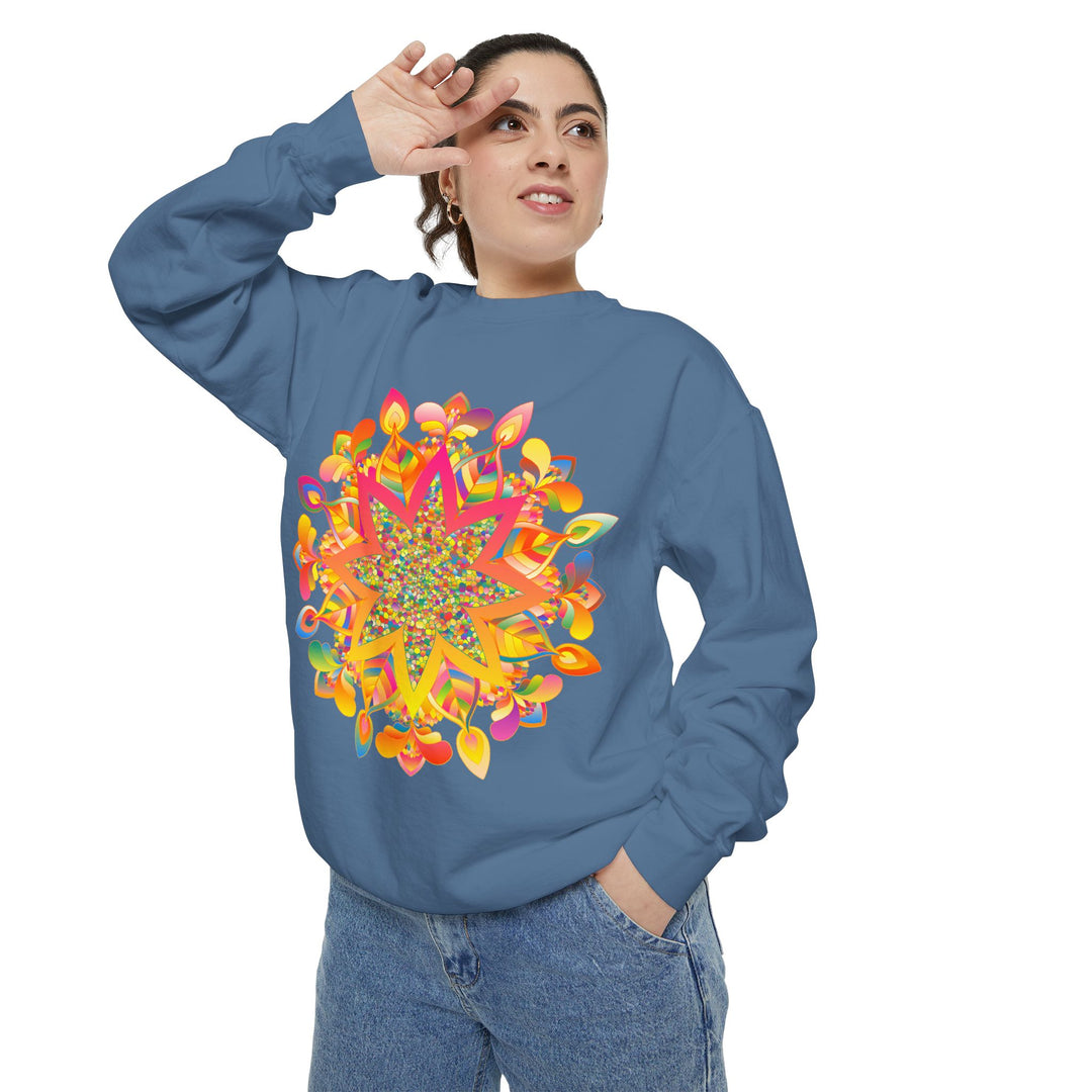 Colorful and intricate mandala design sweatshirt for women in blue and purple hues