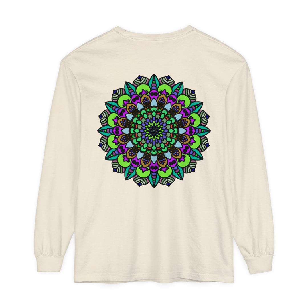 Colorful and intricate psychedelic mandala design on unisex long sleeve t-shirt