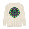 Colorful and intricate psychedelic mandala design on unisex long sleeve t-shirt