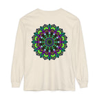 Colorful and intricate psychedelic mandala design on unisex long sleeve t-shirt
