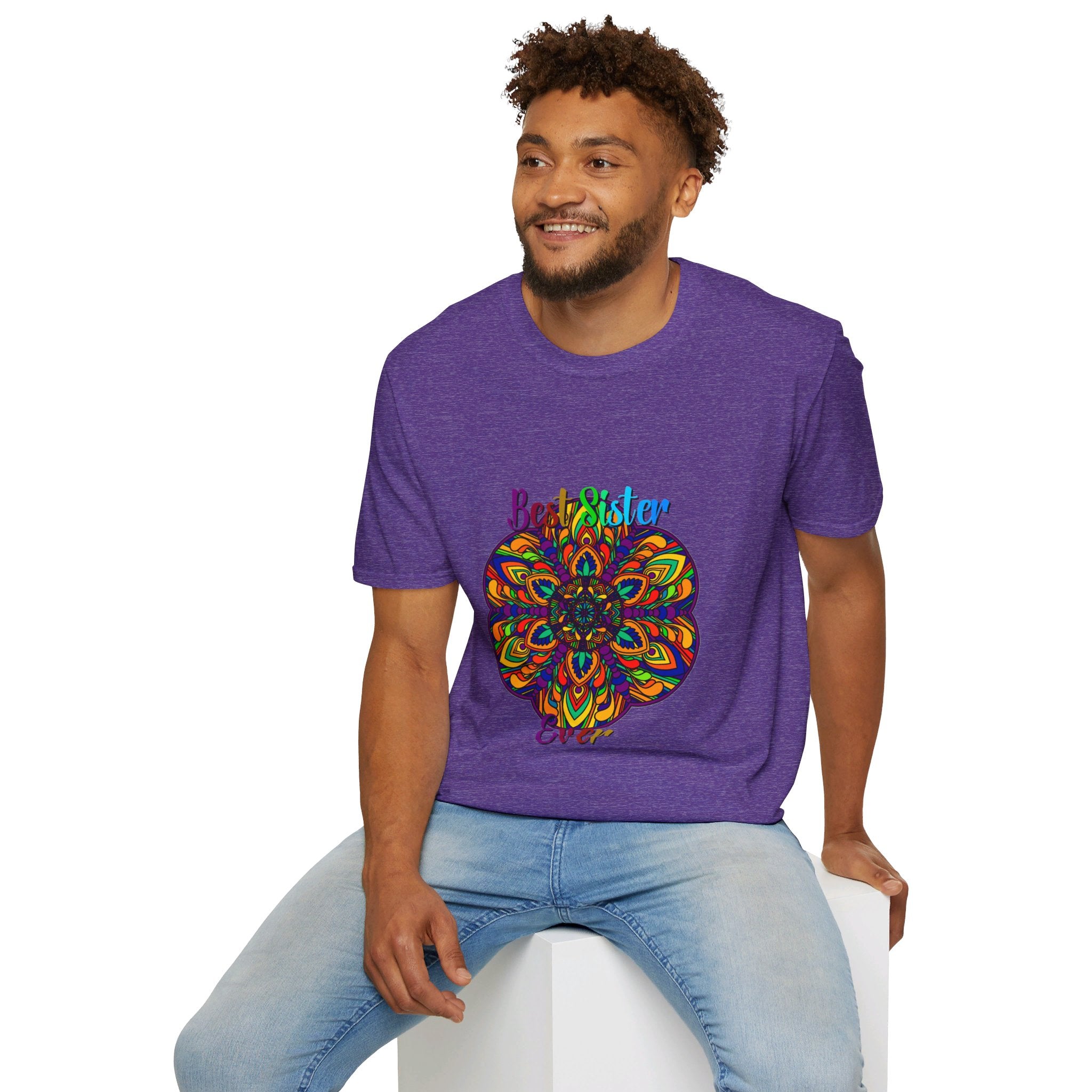 Colorful mandala art design on soft unisex T-shirt, perfect gift for sister