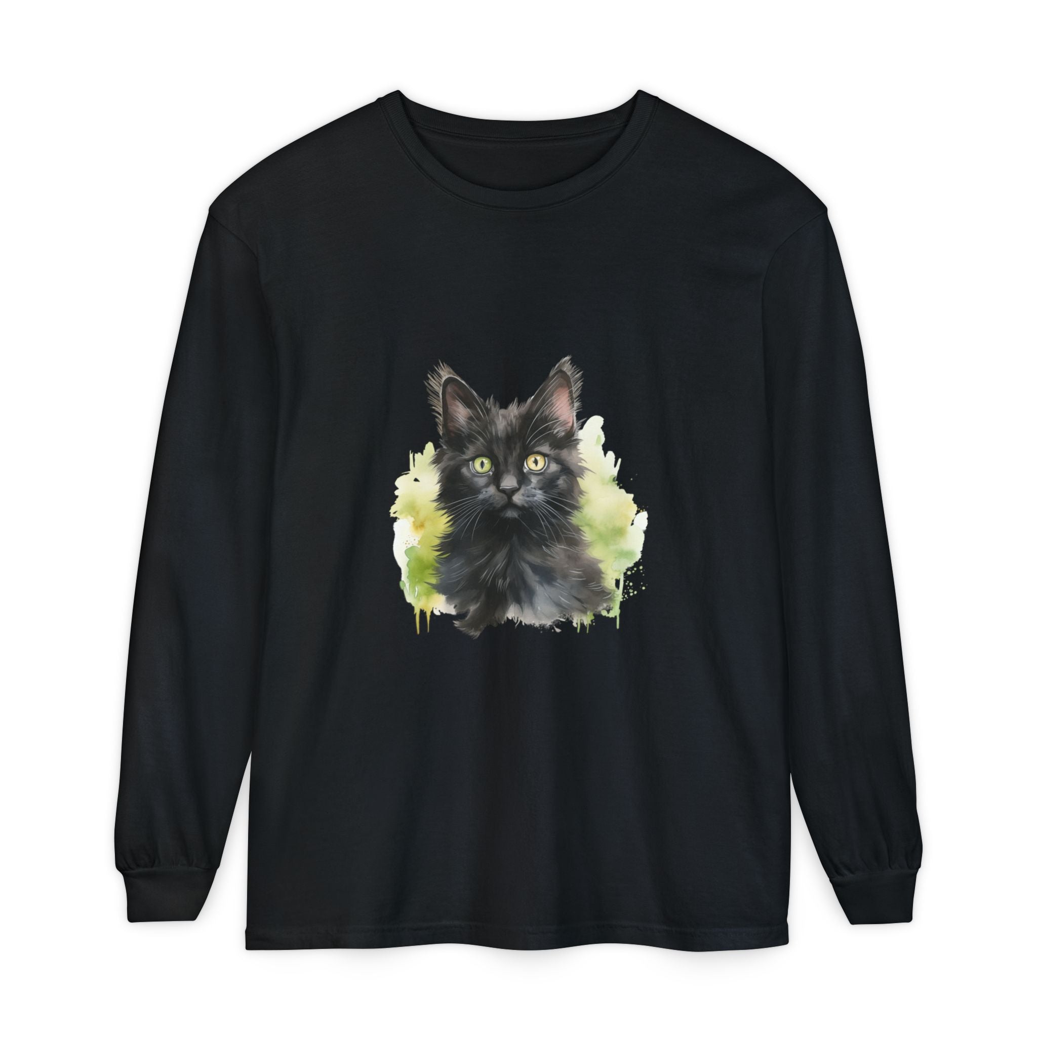 Maglietta a maniche lunghe con motivo acquerello gattino nero