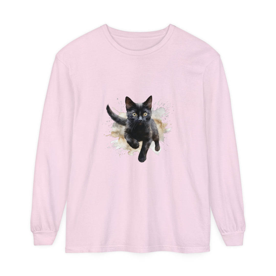 Black Cat Watercolor Splash T-Shirt featuring a whimsical feline design