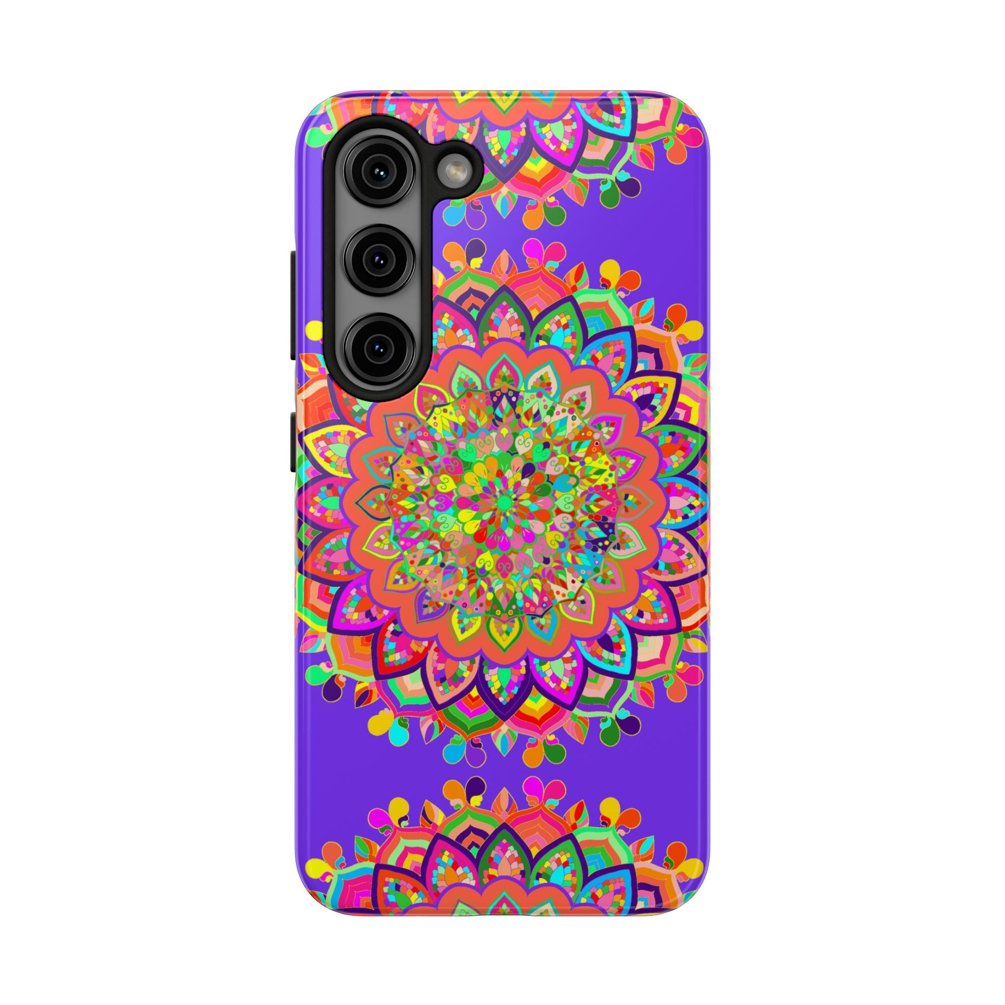 Hand drawn purple Mandala Art phone case, featuring intricate design and vibrant colors