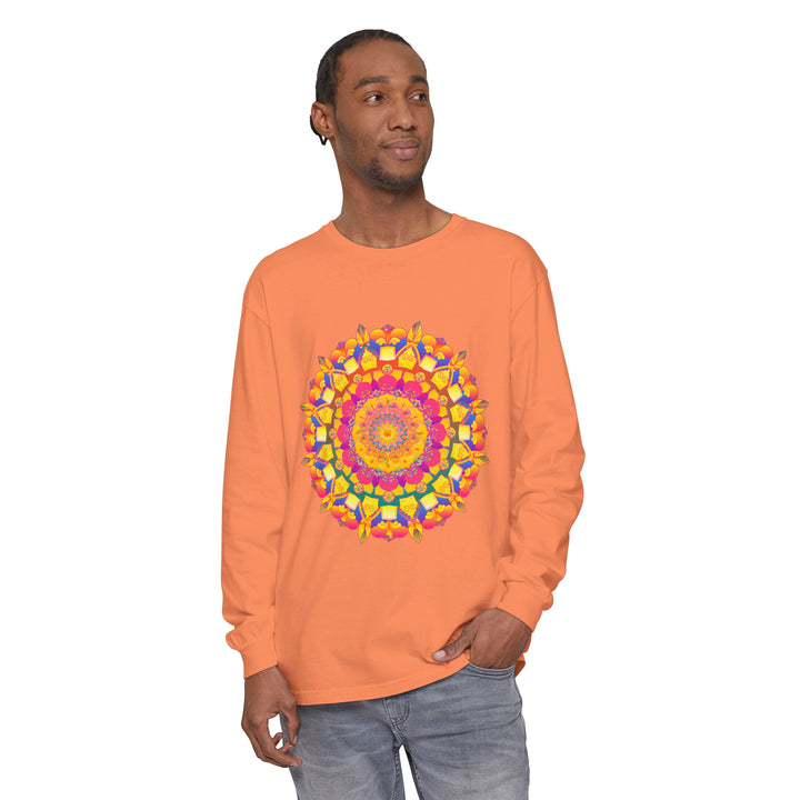 Vibrant and intricate mandala design long sleeve t-shirt in colorful psychedelic art style