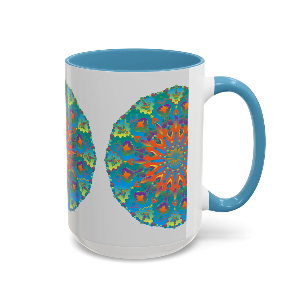 A close-up image of a ceramic mug featuring an intricate blue and green mandala art design, perfect for enjoying your favorite beverage