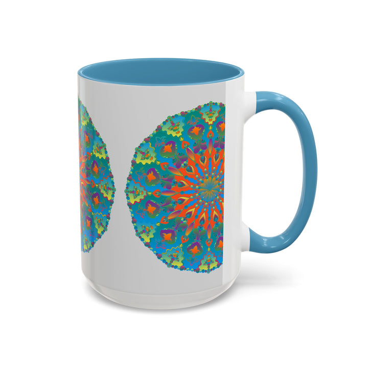 A close-up image of a ceramic mug featuring an intricate blue and green mandala art design, perfect for enjoying your favorite beverage