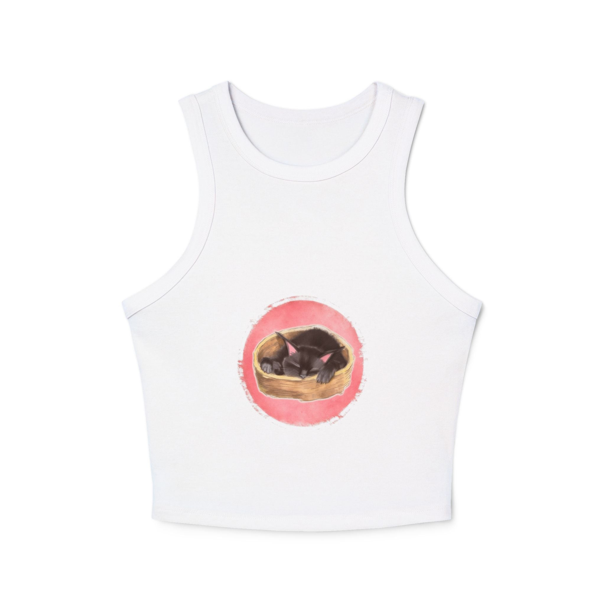 An adorable black cat sleeping peacefully on a racerback tank top