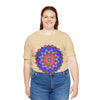 Vibrant and intricate geometric mandala design on a t-shirt in various colors