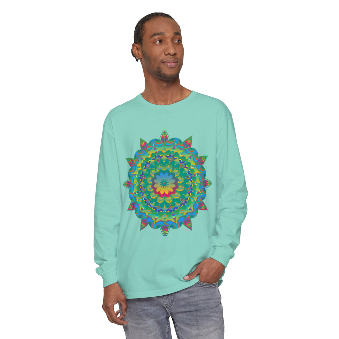 Colorful and intricate psychedelic mandala design on a long sleeve t-shirt