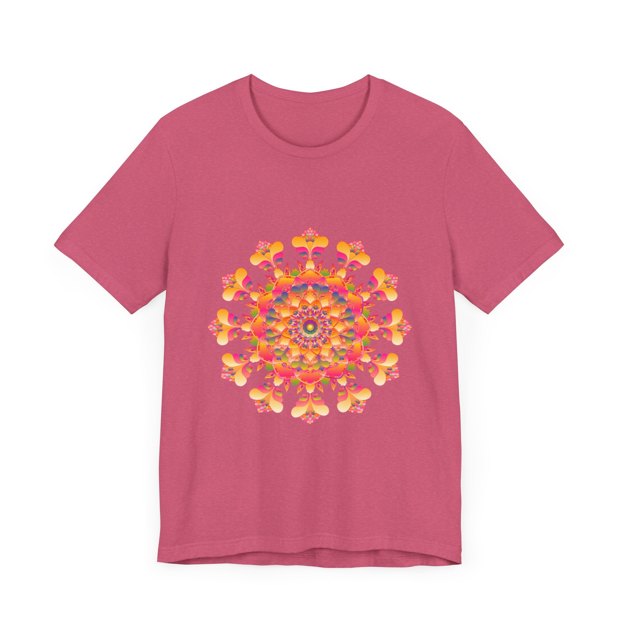 Colorful and vibrant mandala design tee in shades of pink, yellow, orange, and green