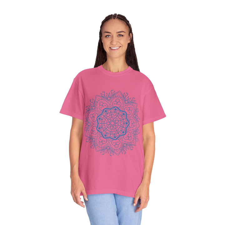 Handmade Mandala Art Tshirt - Unisex Garment-Dyed Tee in vibrant colors with intricate design