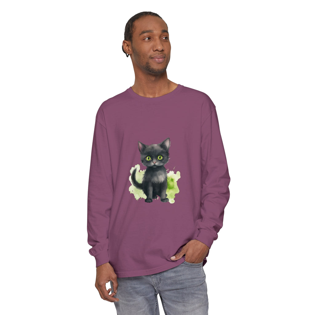 Black Cat Watercolor Long Sleeve T-Shirt - Women's Fashion Apparel with Unique Animal Artwork