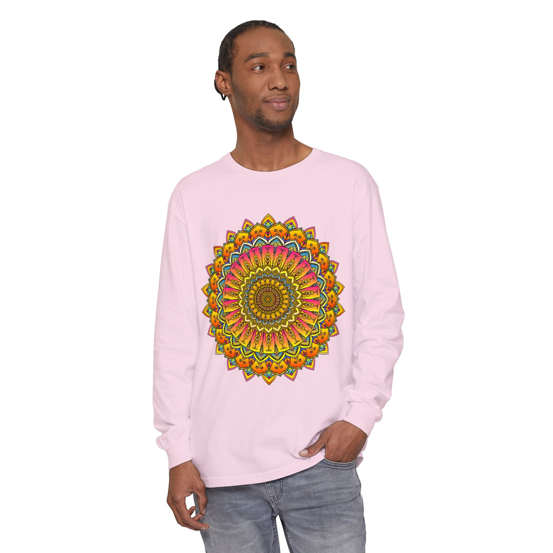 Unisex long sleeve t-shirt featuring a bold and colorful mandala design