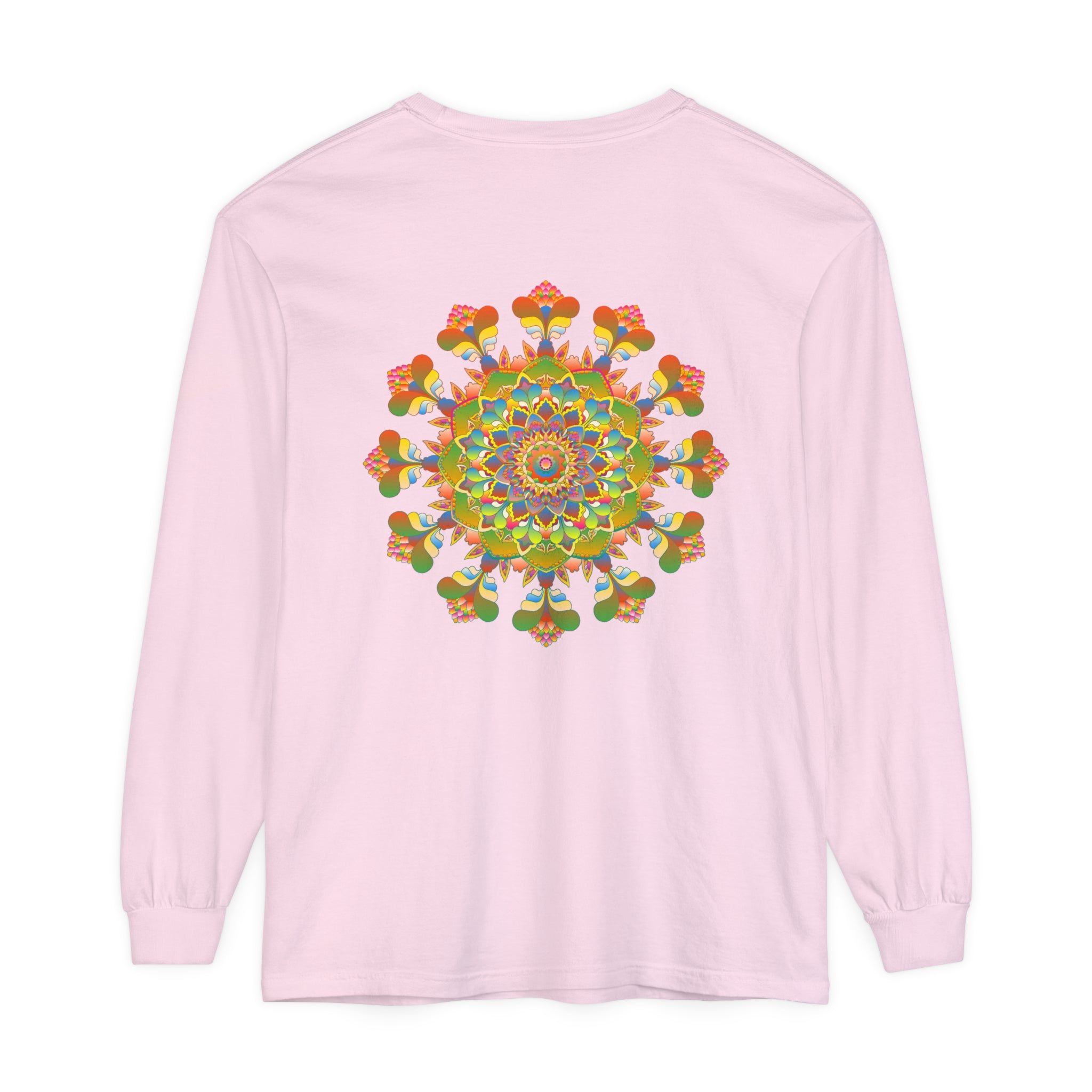 Vibrant and colorful long sleeve mandala t-shirt showcasing intricate and mesmerizing art design