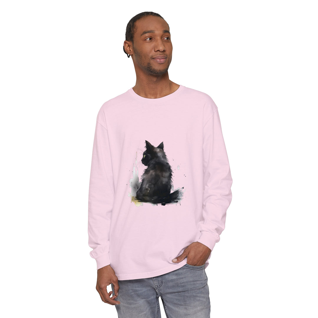 Black Cat Watercolor Dream long sleeve t-shirt with vibrant watercolor cat design