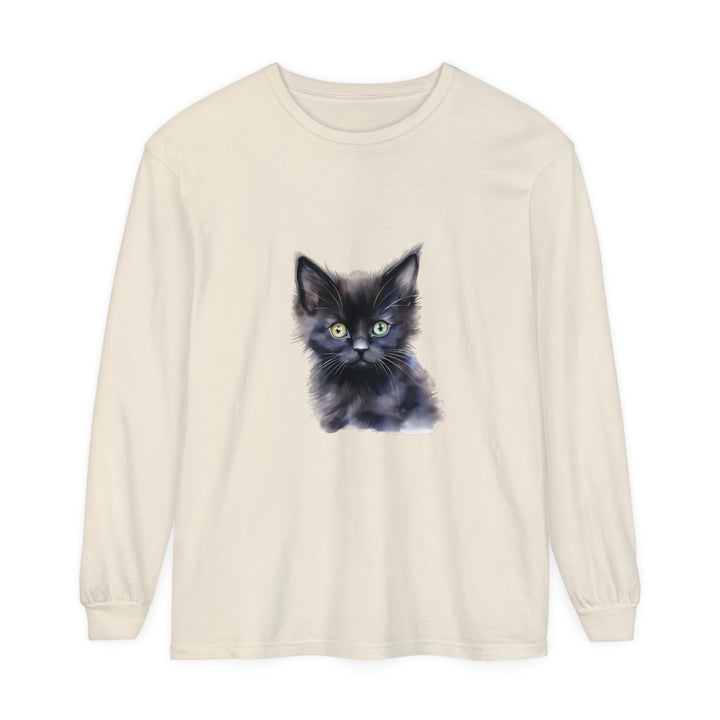 Black unisex long sleeve t-shirt with a mystical kitten design