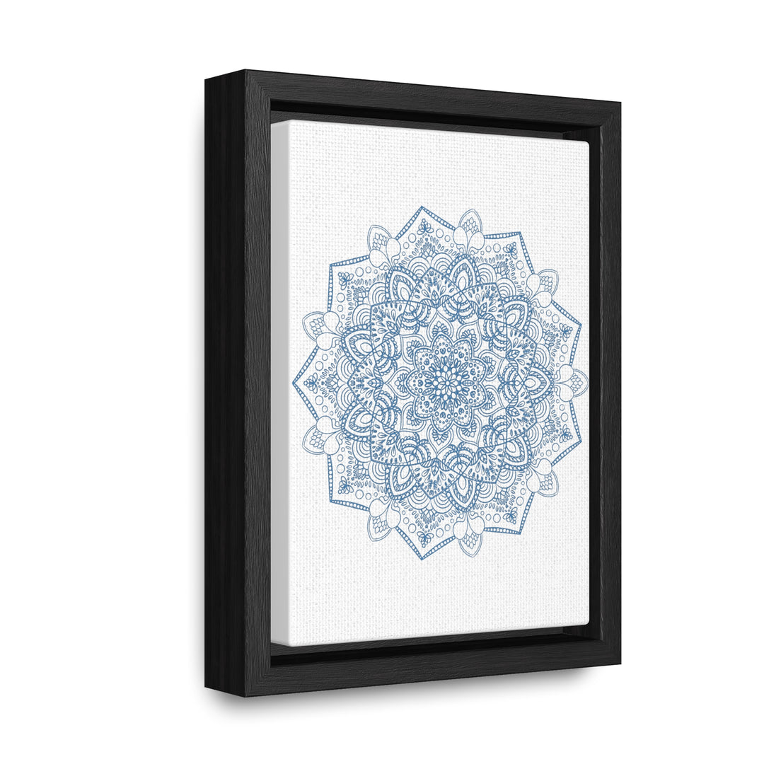 A vertical steel blue mandala handmade art design on gallery canvas wraps