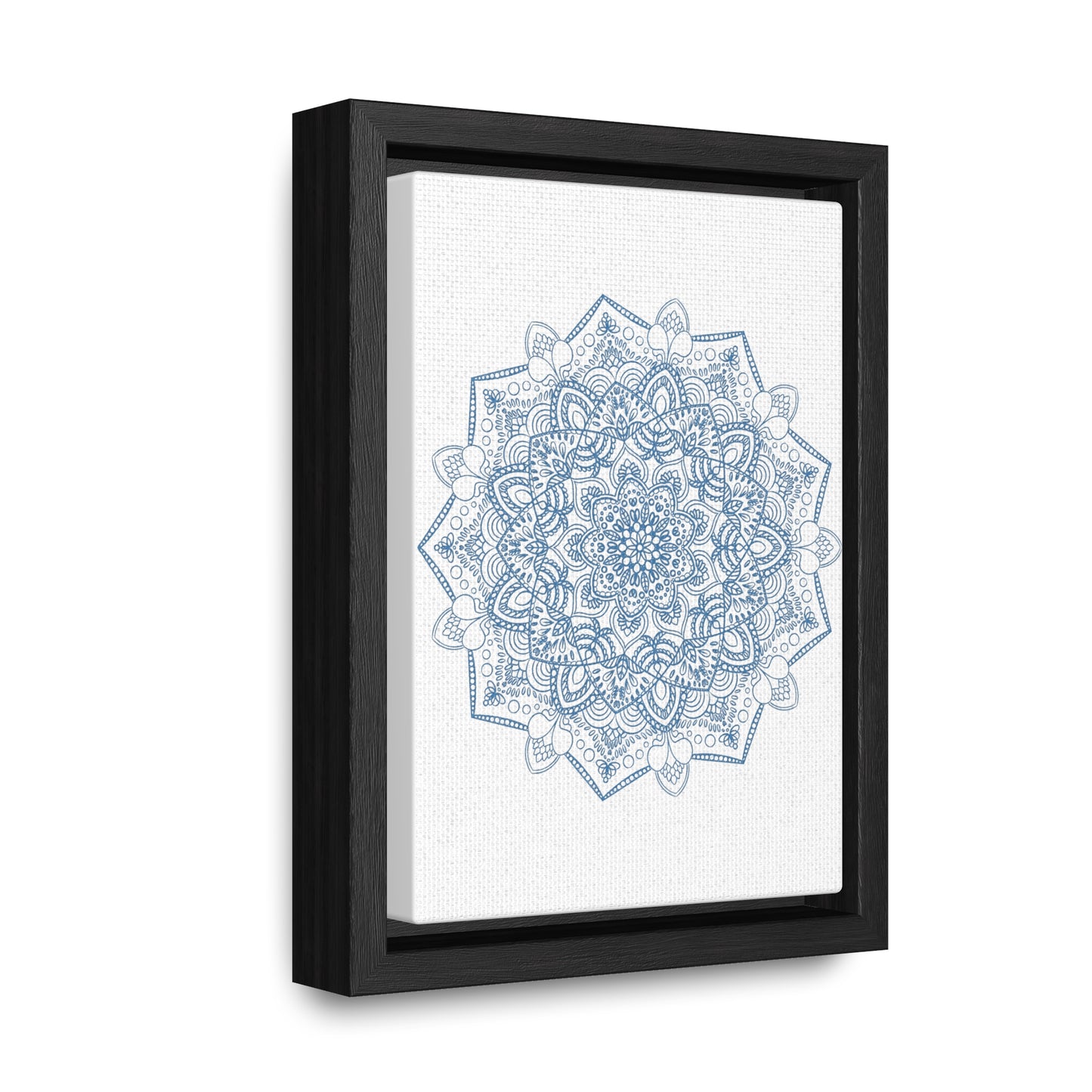 A vertical steel blue mandala handmade art design on gallery canvas wraps