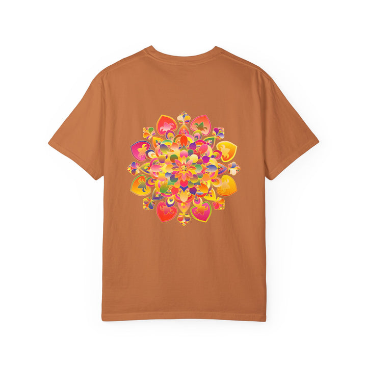 Vibrant mandala t-shirt featuring a hand-drawn design with intricate patterns and bold colors, perfect for adding a pop of artistic flair to your wardrobe