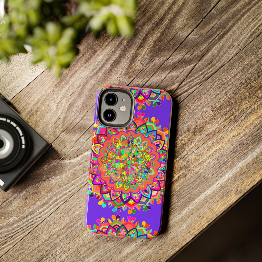 Hand drawn purple Mandala Art phone case with intricate floral design