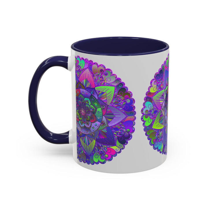 Light grey coffee mug with intricate mandala art design