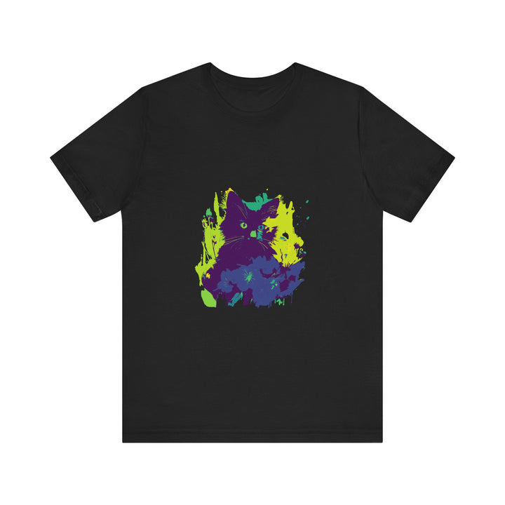 A black t-shirt featuring an abstract design of a mysterious black cat