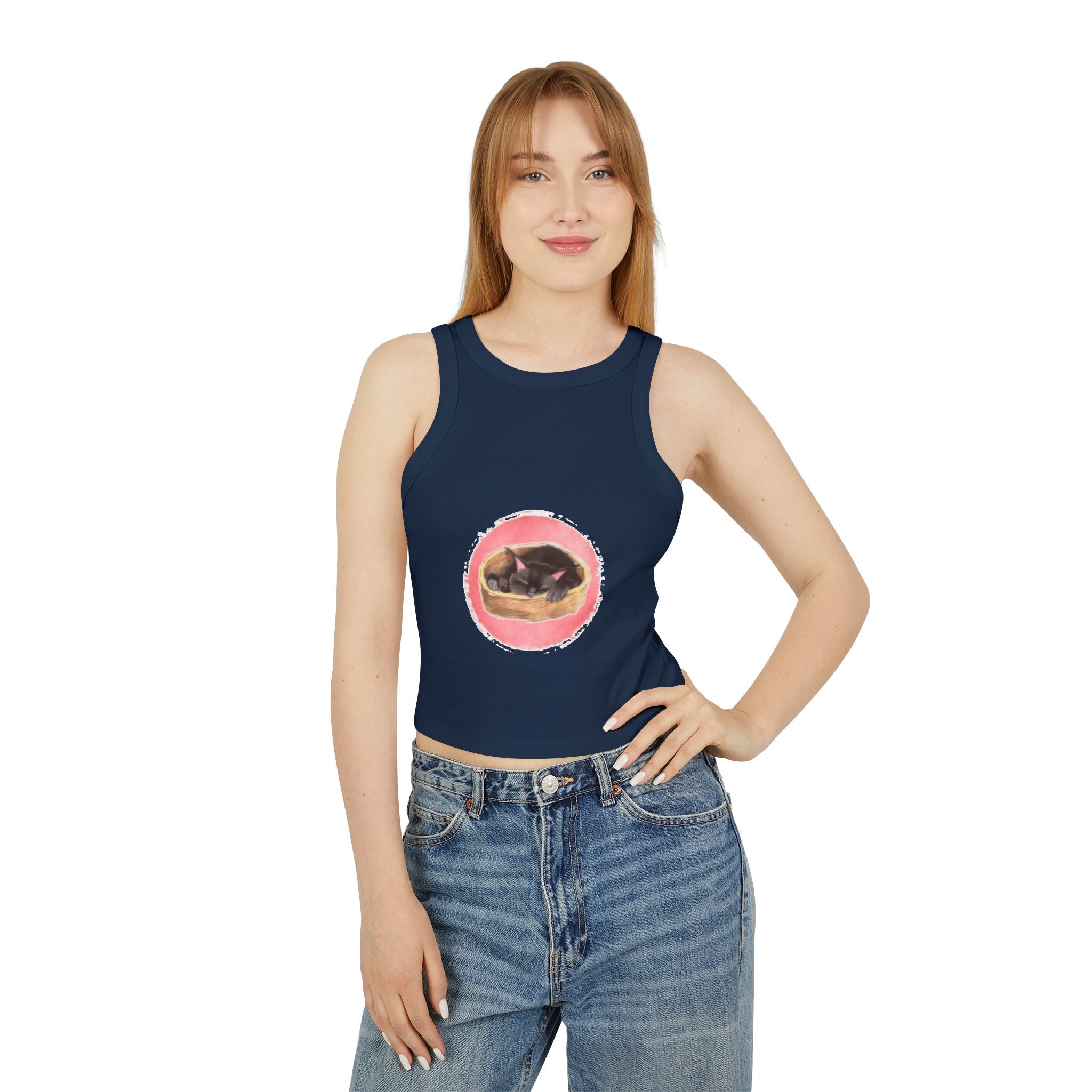 Black racerback tank top with a cute sleeping cat graphic