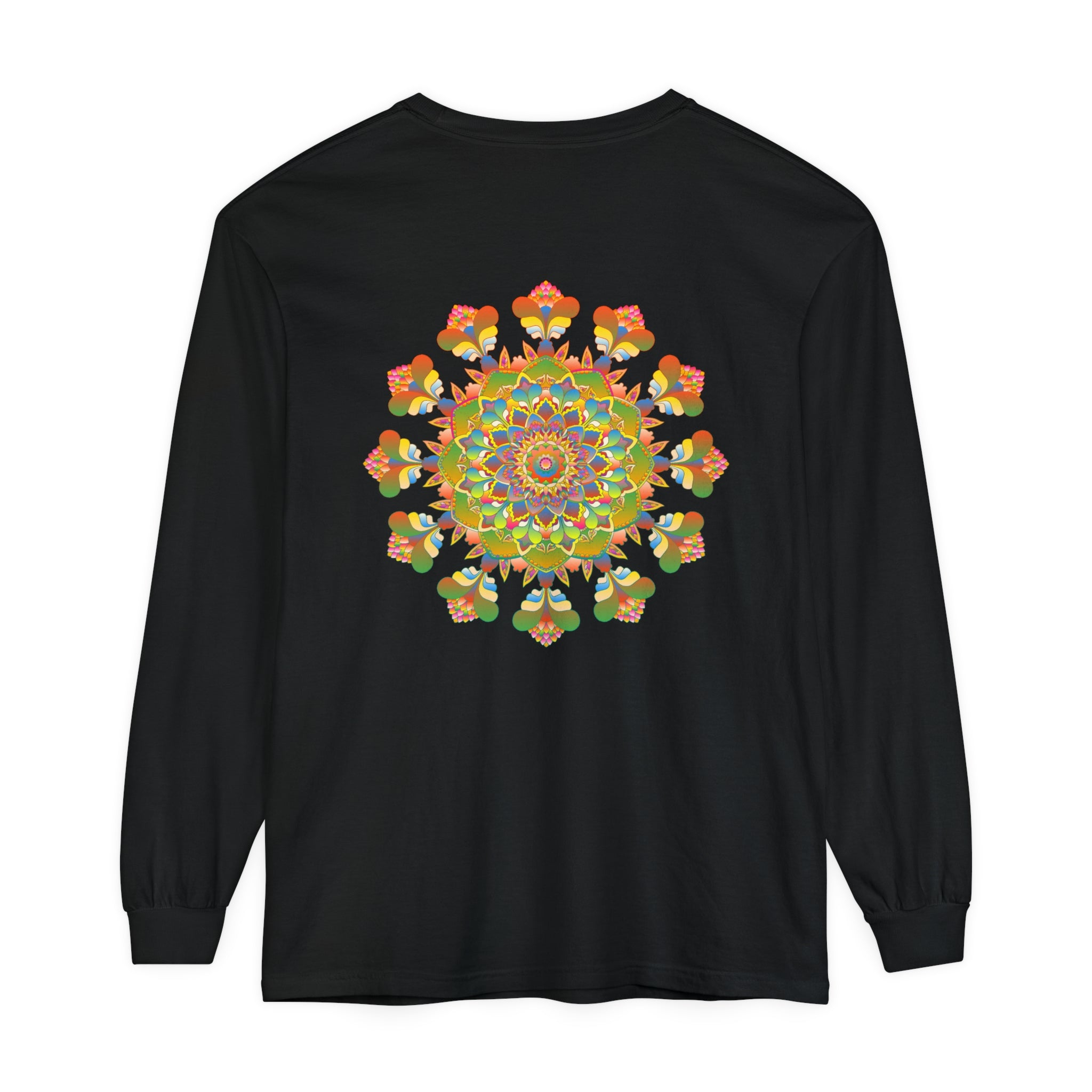 Vibrant Mandala Long Sleeve T-Shirt featuring colorful and intricate artistic design